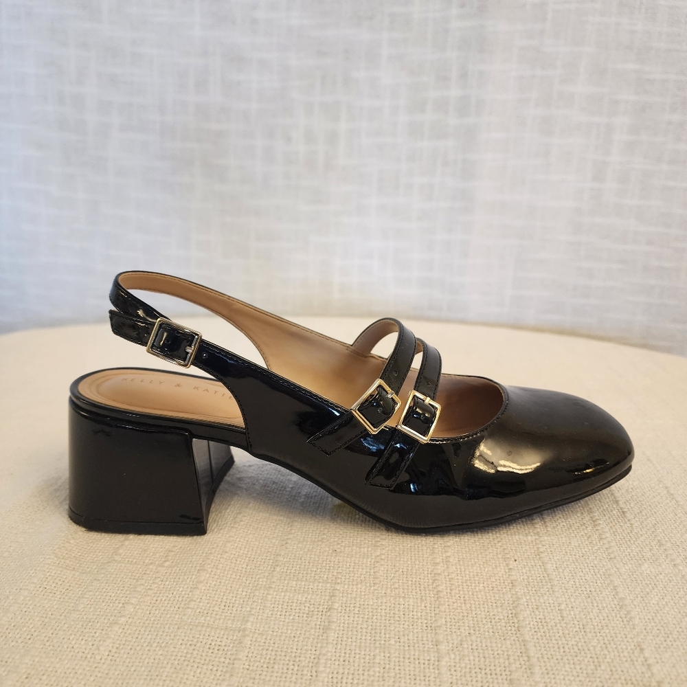 NWOT Kelly & Katie Black Patent Pimmie Mary Jane Pumps Wedge Heel W 9.5 A393